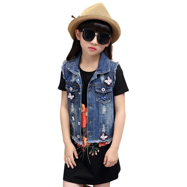 

kids coat vest new autumn girls butterfly embroidery waistcoat casual denim vest for girl sleeveless jackets 3-11y, Blue