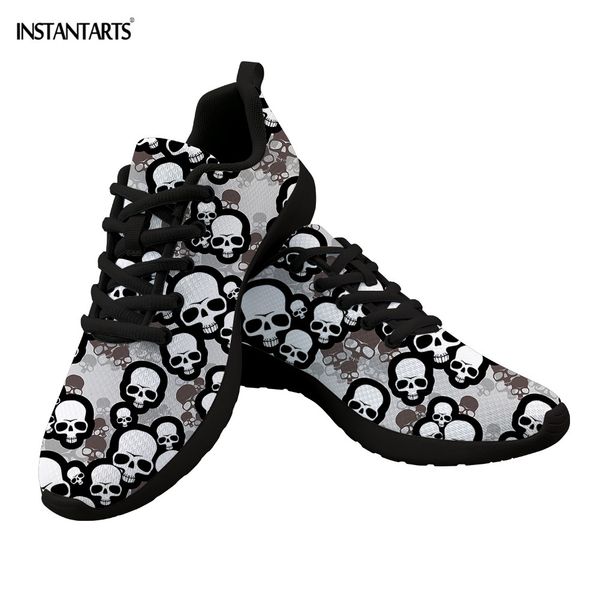 

instantarts gotic mesh women sneakers sugar skull printed casual flat shoes for ladies girls comfortable lace running footwear, Black