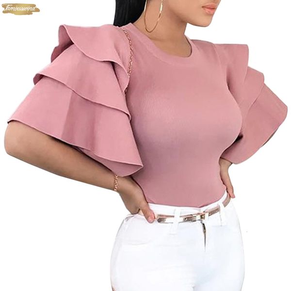 

women blouse ruffles short sleeve pink 2019 summer elegant o neck slim ladies office shirt korean fashion blouses red blusa, White