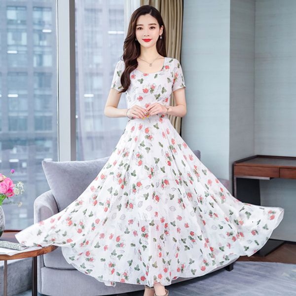 

2019 new summer short sleeve female work wear chiffon long dresses printedslim elegant plus size femaleprinted women dress white, Black;gray