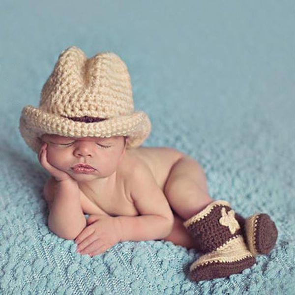 

0-2m infant p props newborn baby girls boys crochet knit newborn pgraphy props cool cowboy hat +shoes set crochet beige, Yellow