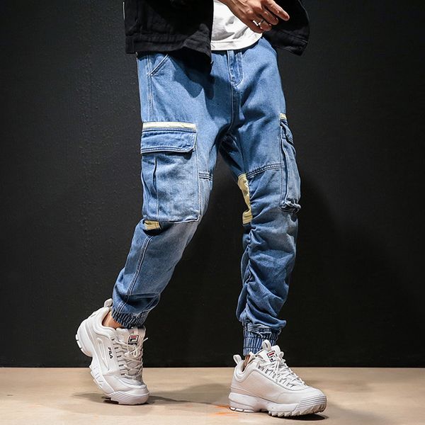 

плюс размер крупногабаритные лоскутная contrast блок карманный streetwear jogger denim pant hip hop tracksuit harem брюк женщина мужчины 202, Black