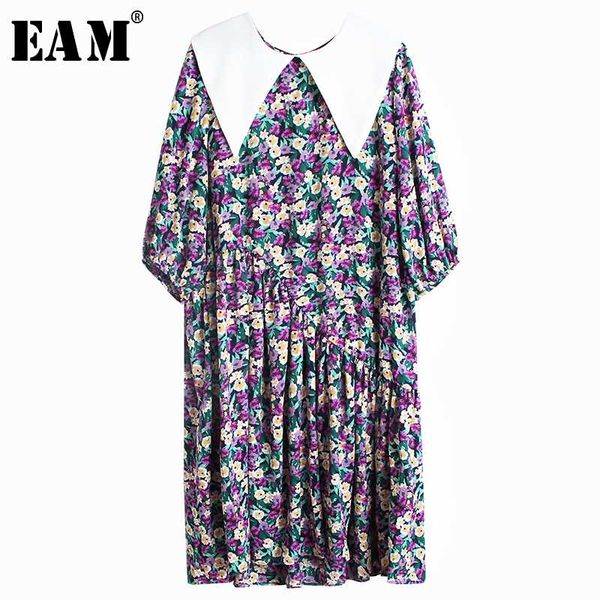 

eam] женщины фиолетового printed большого размера плиссе платье новые три четверти рукав сыпучих f мода tide весна лето 2020 1w616, Black;gray