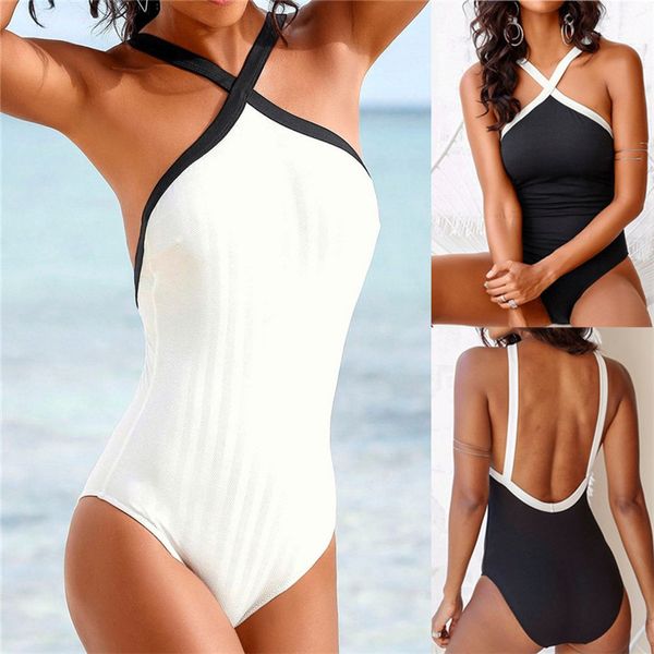 

2019 white one-piece swimsuit bikinis patchwork swimsuit women bathing costume ladies tankini monokini swimsuits swimwear, White;black