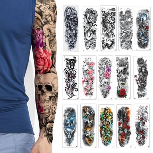 Acheter Tatouage De Manche De Bras Croquis De Lion Tigre Imperméable Autocollant De Tatouage Temporaire Animal Féroce Sauvage Plein Doiseau Totem