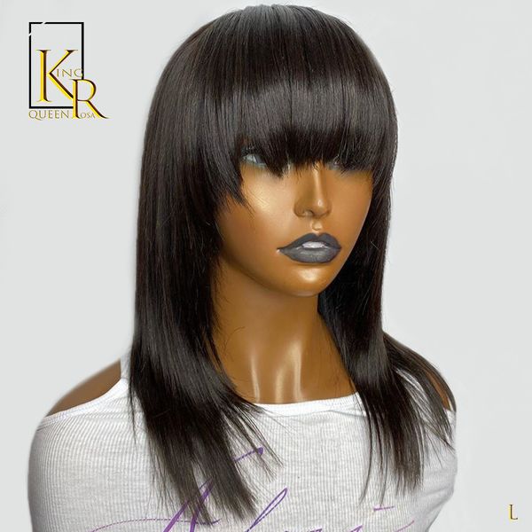 

13x4 lace front human hair wigs with bangs 150% density short bob wig brazilian remy hair pre plucked low ratio bleached, Black;brown