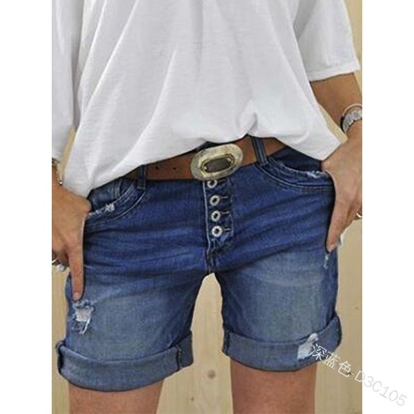 

women's jeans wepbel high waist plus size washed short ripped denim shorts fashion casual button straight pants, Blue
