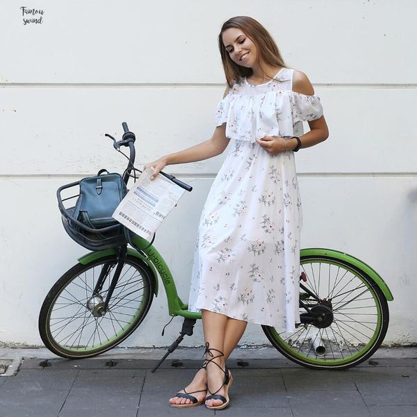 

cold shoulder dresses women summer 2019 new short sleeve floral streetwear print chiffon women knee length dress casual, Black;gray