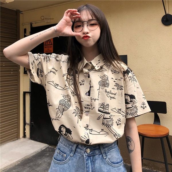 

fashion port flower female 2020 women's design sense short-sleeved graffiti printing all-match fashion port flower shirt female 2020 wo, White