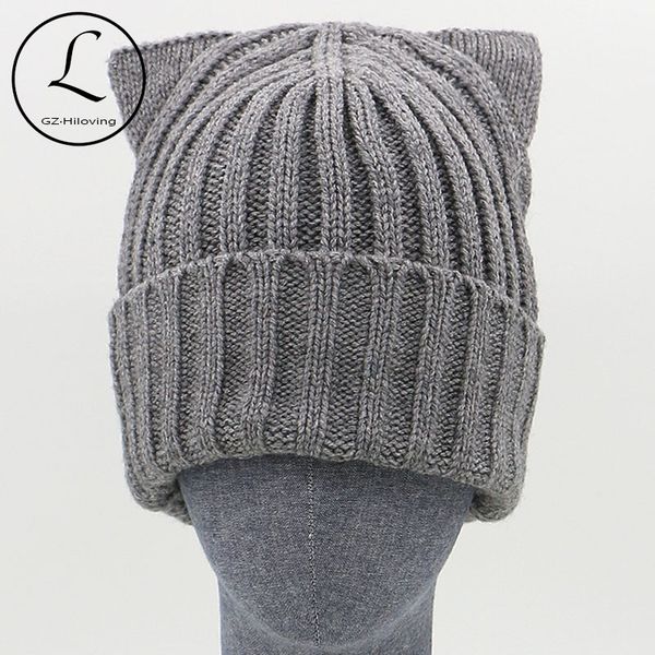 

gzhilovingl brand winter beanies knitted hat with ears cat warm woman girl hats wool high fashion beanies for ladies gorros cap, Blue;gray
