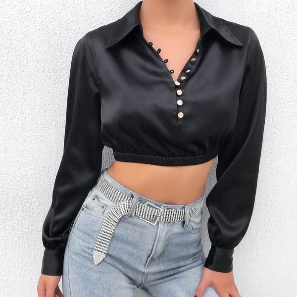

weekeep fashion long sleeve gothic letter print cropped shirt 2019 autumn black v-neck streetwear crop shirts, White