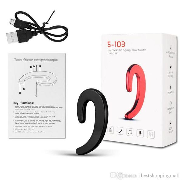 

s-103 painless hanging bluetooth earphone headset stereo wireless ear-hook headphone hd call no earplug bluetooth earbud with mic