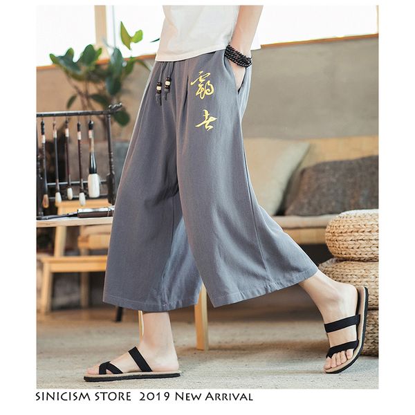 

sinicism store chinese style cotton linen harem pants men 2019 summer men wide leg pants male loose embroidery trousers oversize, Black