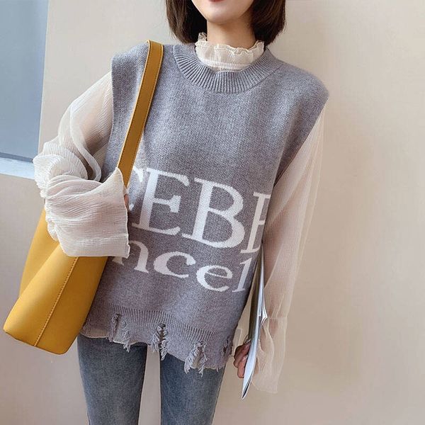 

covering yarn women sleeveless pullover fall 2019 korean style casual letters asymmetrical tassel knitted wool sweater vest t387, Black;white