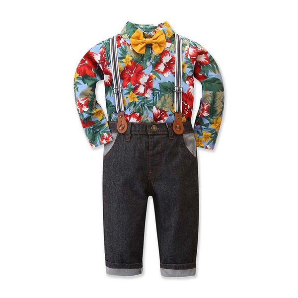 

toddler kids baby boy gentleman clothes bow tie floral print shirt pants overalls gentleman suit toddler boy clothes winter 2019, White