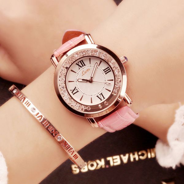 

minimalist women watches fashion simple quartz watch rhinestone dial watch luxury casual pink leather strap dress clock relogios, Slivery;brown
