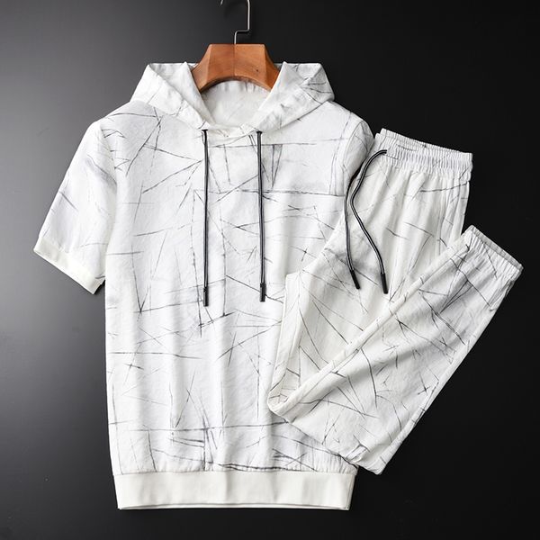 

summer men sets (t-shirt pants) luxury hooded short sleeve mens set plus size 4xl casual sport slim fit printed man sets, Gray