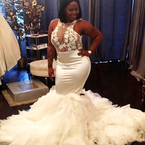 

african plus size wedding dresses sheer nneck sequins appliques robe de mariee mermaid wedding gowns bridal wear sleeveless, White