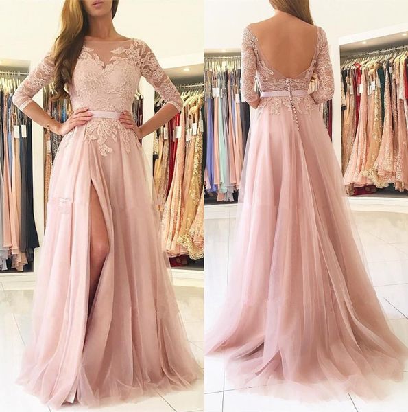 

blush pink split long bridesmaids dresses 2019 sheer neck 3/4 long sleeves appliques lace maid of honor country wedding guest gowns cheap, White;pink