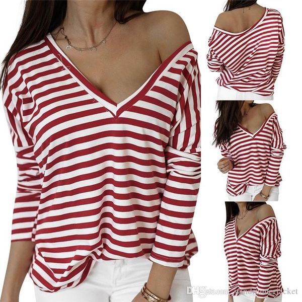 

new womens designer tshirts autumn fashion striped printed v neck loose tshirt slopping shoulder womens, White