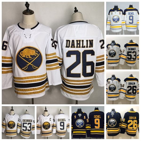 

9 jack eichel buffalo sabres golden 50th season third jersey 53 jeff skinner 26 rasmus dahlin 23 sam reinhart hockey jersey in stock, Black;red
