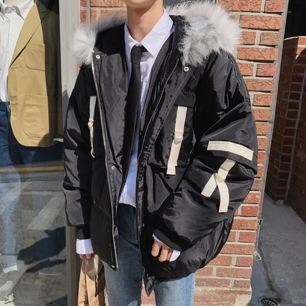 

jacket winter men warm thick fashion parka men cross color casual fur collar hooded coat wild loose cotton jacket male clothes, Black
