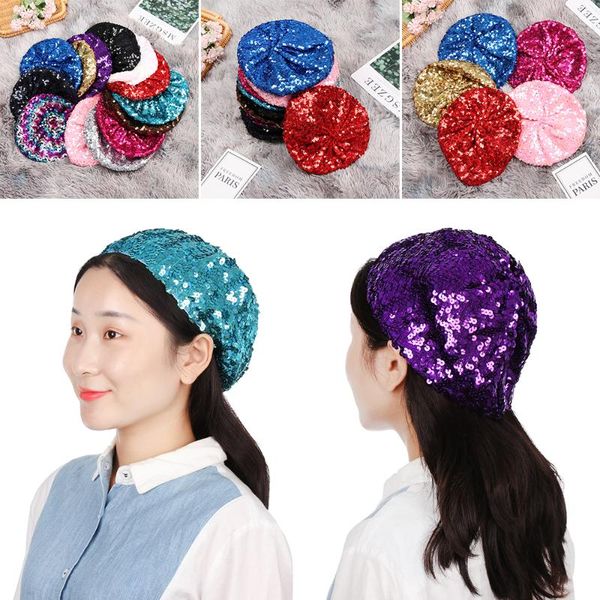 

women sequins hat shiny costume jazz glitter dance beret round cap ladies fashion accessories beanie beret hat british style, Blue;gray