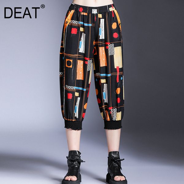 

deat] 2020 elastic high waist colorful geometric trousers streetwear harm pants women slim loose seven length summer tide ar499, Black;white