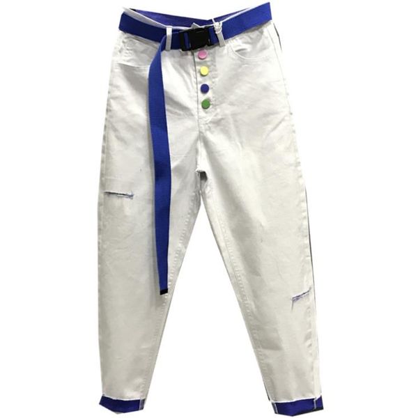 

голеностопного длина свободного покроя джинсы 2019 летние женщины однобортный высокой талией отверстие свободный харлан брюки, Blue