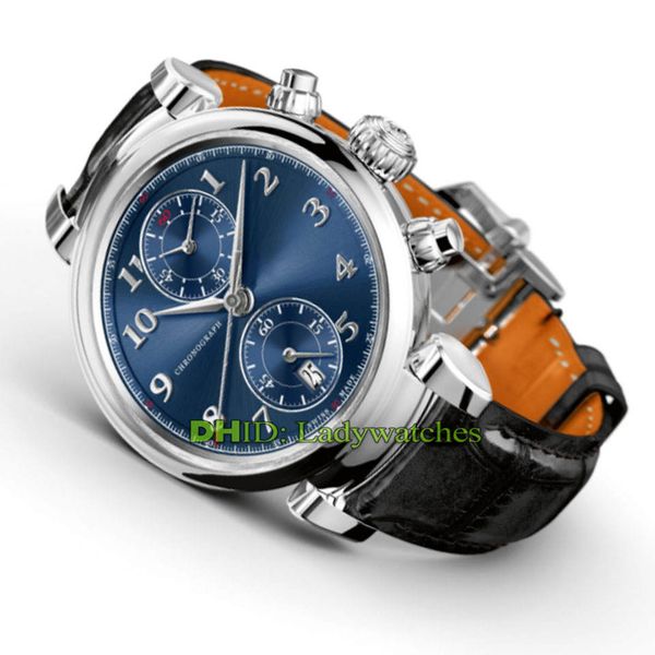 

luxury mens watches blue dial vk chronograph function wristwatches quartz movement watch 42mm steel case black leather band montre de luxe, Slivery;brown