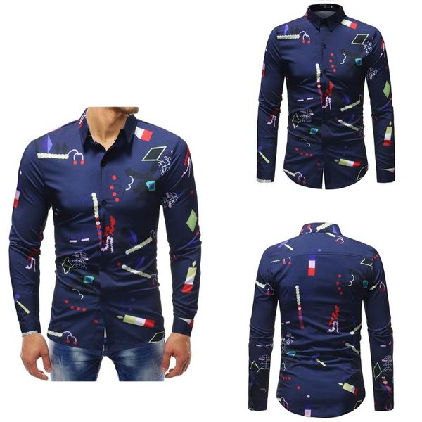 

men's casual shirts fashion mens printed long sleeve collar slim fit blue color single breasted shirt, White;black