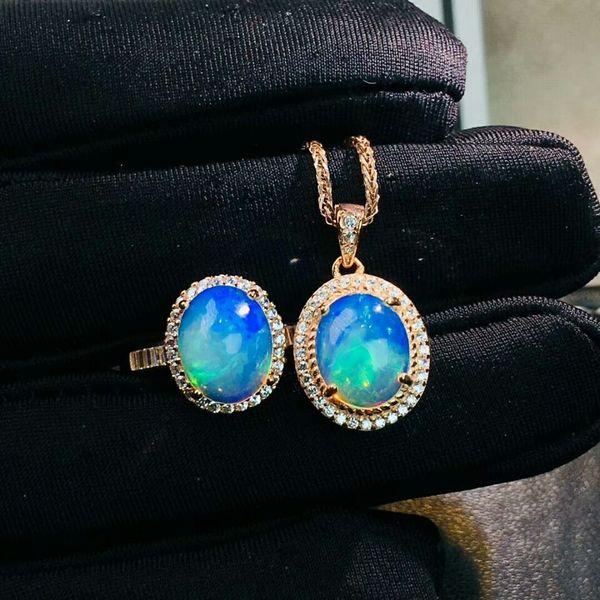 

meibapj natural big opal gemstone ellipse ring and necklace two-piece suite for women real 925 sterling silver fine jewelry set, Black