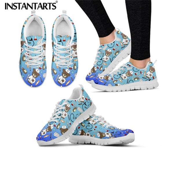 

instantarts women's sneakers nurse shoes cute gradient cartoon nurses bear print mesh breath flats shoes lace-up sapato feminino, Black