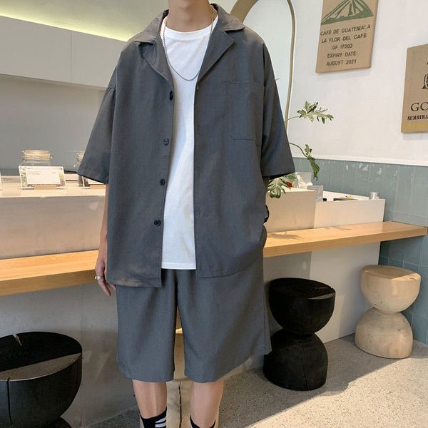 

лето короткими рукавами костюм мужская мода solid color бизнес повседневный костюм мужчины streetwear wild сыпучие платье куртки мужские шор, White;black