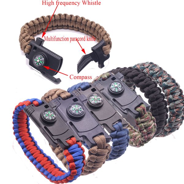 

2019 multi functional outdoor bracelet camping hiking urvival gear e cape multi tool paracord high frequency whi tle knife bracelet