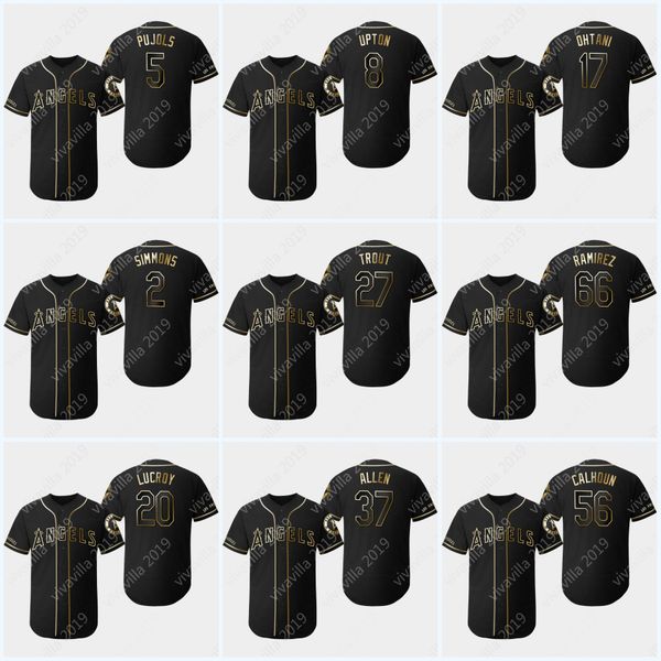 

2019 Lady Youth Los Angeles Black Gold 27 Mike Trout 17 Shohei Ohtani Kole Calhoun Andrelton Simmons Albert Pujols Angels Baseball Jerseys