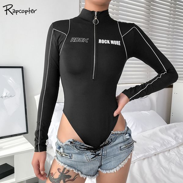 

rapcopter zipper up front o-neck casual bodysuits long sleeve printed women black bodycon jumpsuits stripe autumn bodysuits 2019, Black;white