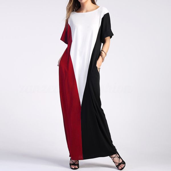

women's dress cotton blends fashion short sleeve splice round neck full-length party long dress, Black;gray