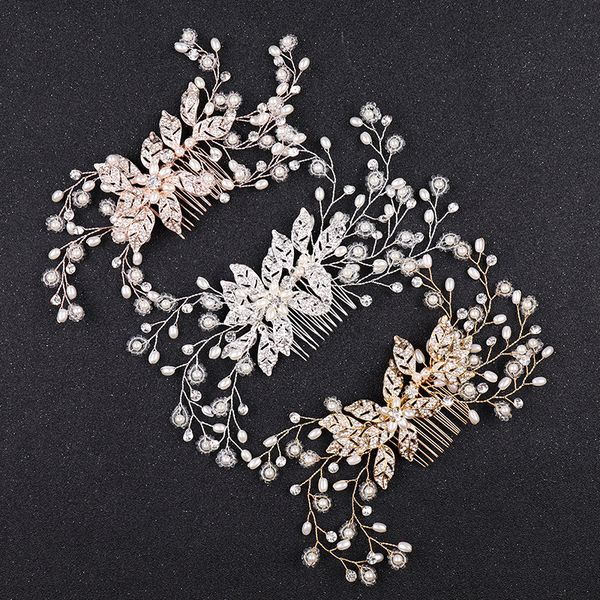 

luxury 3 color pearl flower hair combs handmade rhinestone women hair jewelry for bride tiara headbands wedding hair accessories, Golden;white