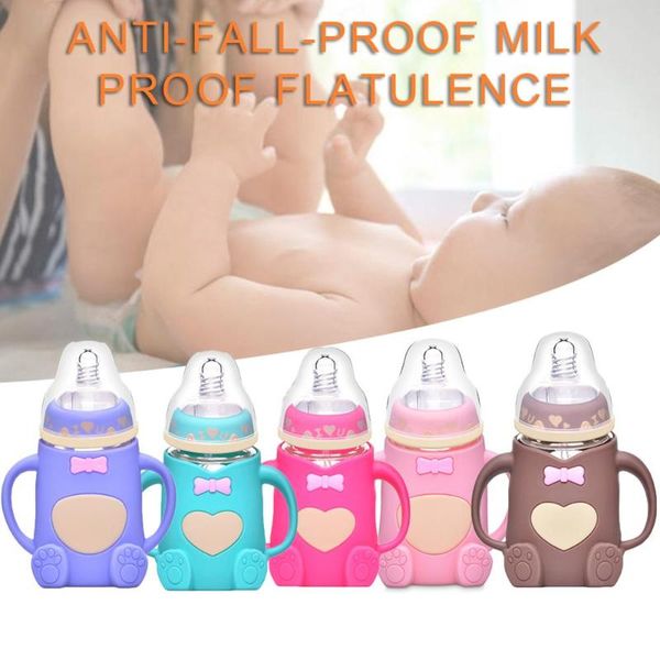 

baby bottles# infant cute feeding glass bottle safe silicone milk with handle soft mouth born drink training