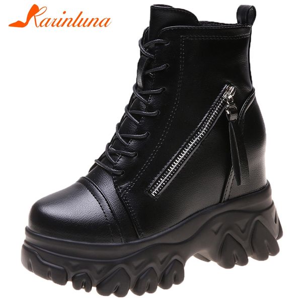 

karin ladies lace up high heels boots women 2019 high platform boots fashion height increasing ankle shoes woman, Black