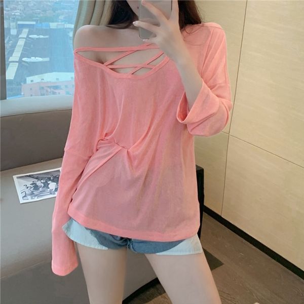 

purple sunscreen blouse women's long sleeve loose thin coat t-shirt t-shirt coat scheming hollow top, White