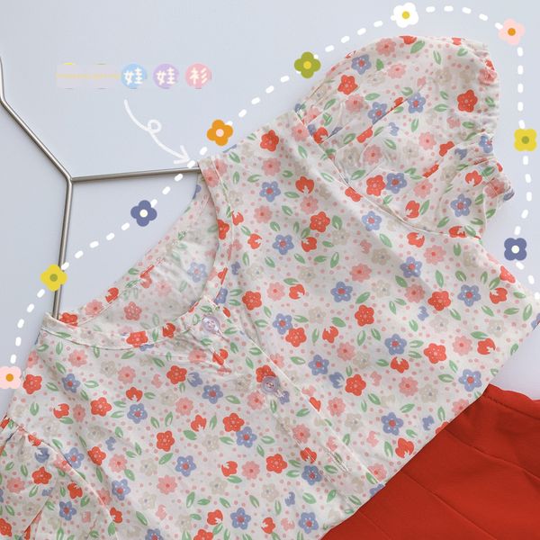 

ce3b2 children's clothing summer 2020 doll girls floral short-sleeved doll shirt women's baby flower printed shirt medium and smal, White;black