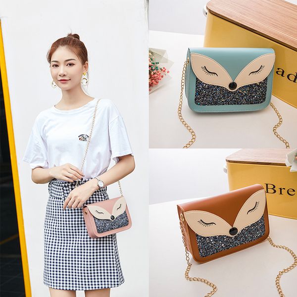 

мода блесток цепи небольшой квадратный мешок pu сумка мультфильм милый кроссбоди