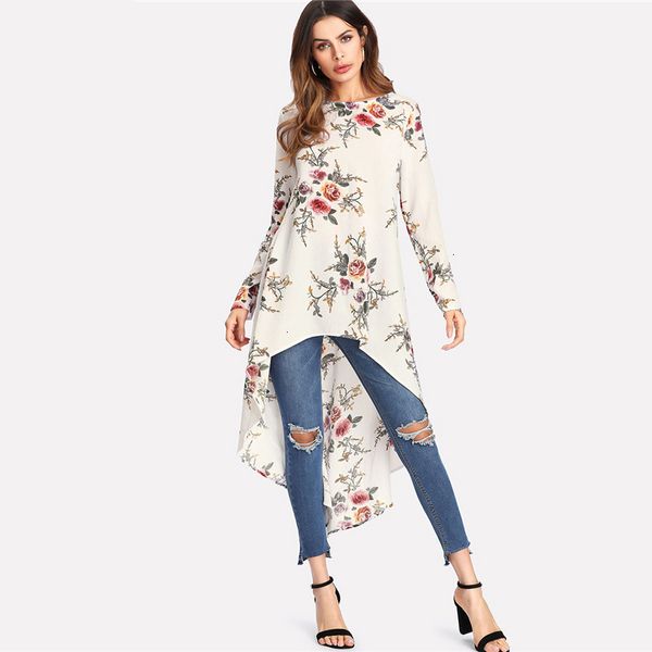 

women clothes women blouse flower print dip hem longline trapeze summer round neck floral vacation blouse applique women beach top, White