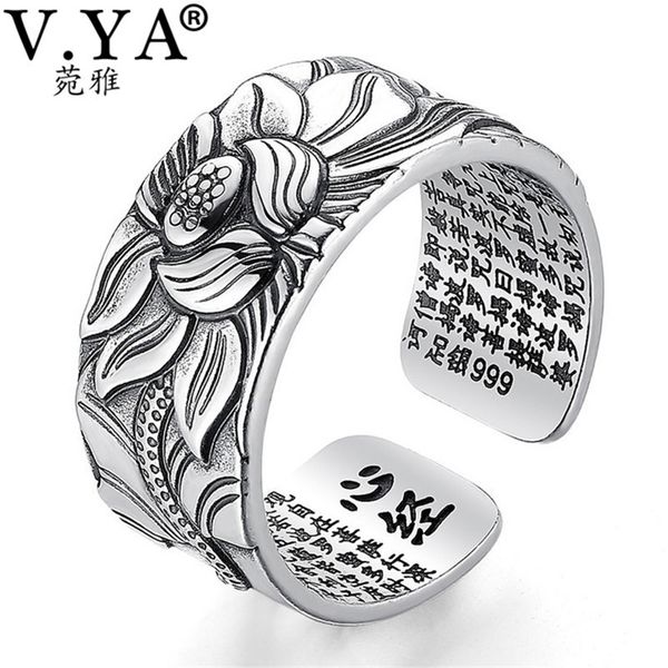 

v.ya 100% real 999 pure silver jewelry lotus flower open ring for men male fashion size buddhistic heart sutra rings gifts, Golden;silver