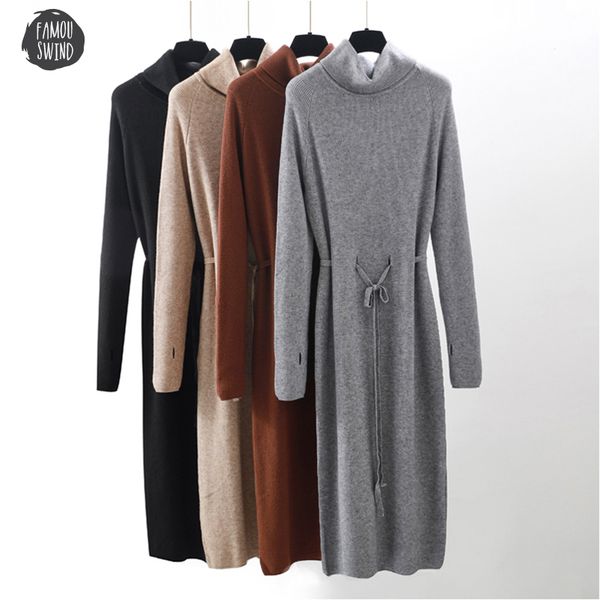 

hole autumn long dress winter women sweater turtleneck robe knitted sweaters drawstring dress femme lace loose dress, Black;gray