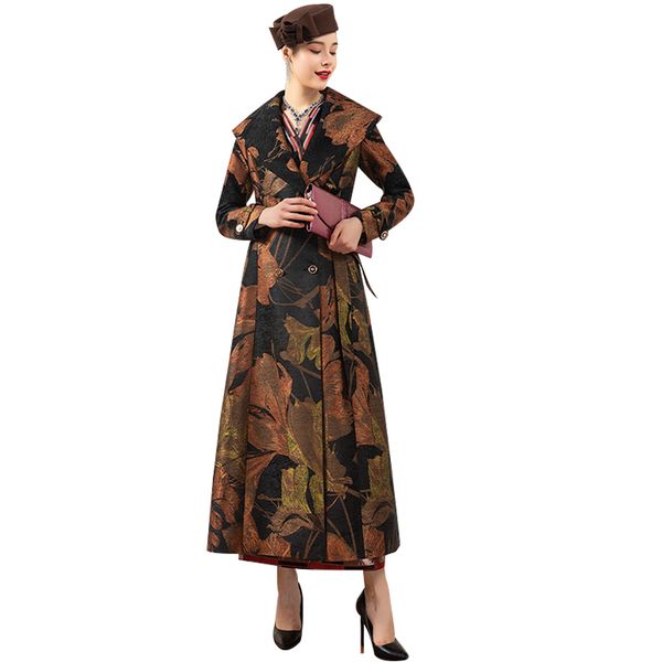

women's trench coats spring autumn jacquard coat for women pockets floral double breasted turn-down collar down outwear dz2376, Tan;black