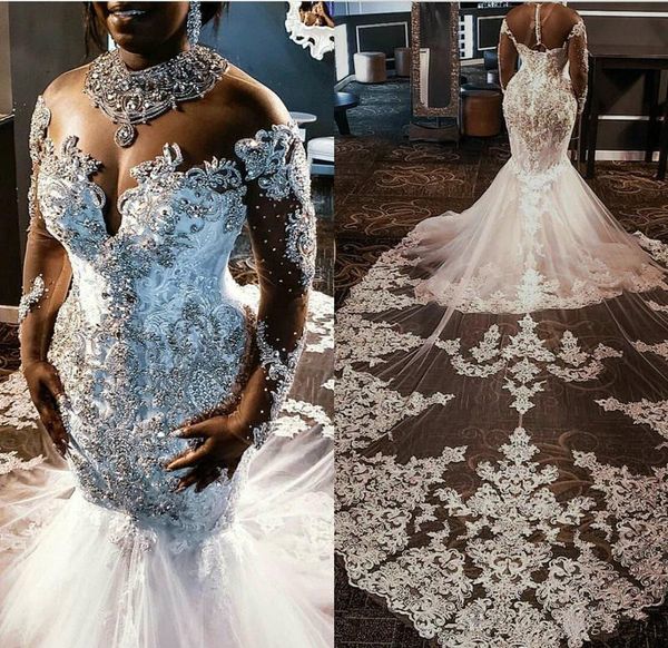 

sheer mesh lace mermaid wedding dresses 2020 tulle lace applique beaded crystals long sleeves wedding bridal gowns with detachable train, White