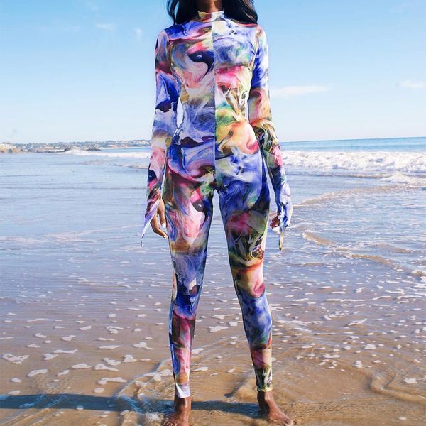 

2020 long sleeve tie dye print bodycon rompers womens jumpsuit spring streetwear outfits skinny body casual combinaison femme, Black;white